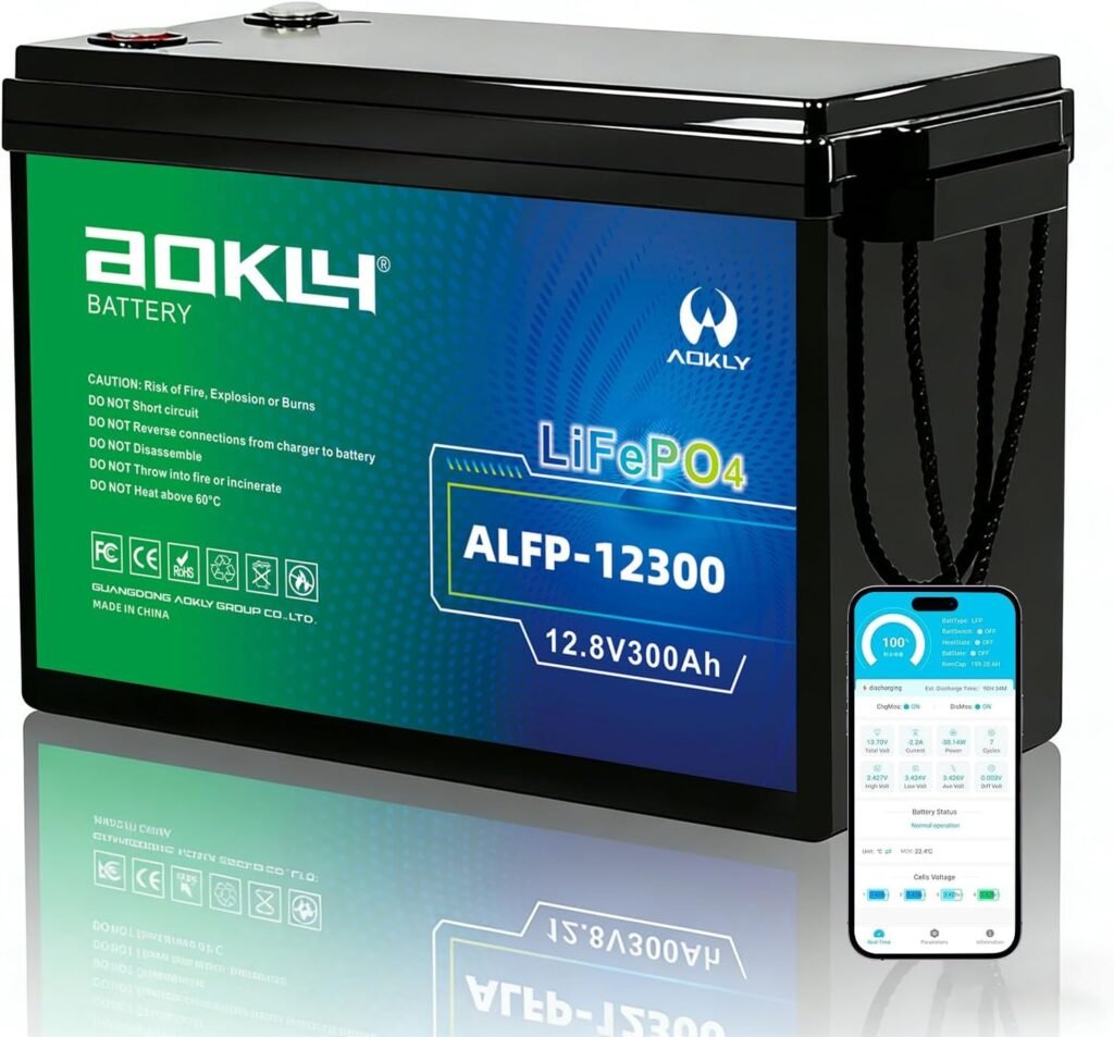 AOKLY Mini 12V 300Ah LiFePO4 Battery with Bluetooth 200A BMS, 15000+ Deep Cycles, 3840Wh Low-Temp Cut-Off, Lithium Battery for RV Solar Marine TrollingMotor Off-Grid Backup Power Home Energy