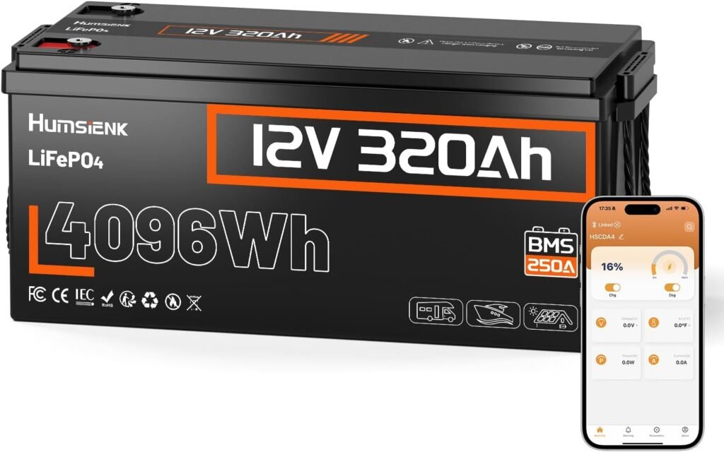 HumsiENK 12V 320Ah LiFePO4 Lithium Battery (250A BMS) with Bluetooth, Deep Cycles 300Ah+ LiFePO4 Battery, Low Temp Protection, 4096Wh Energy, 10-Year LifespanPerfect for RV, Off-Grid, Solar Energy
