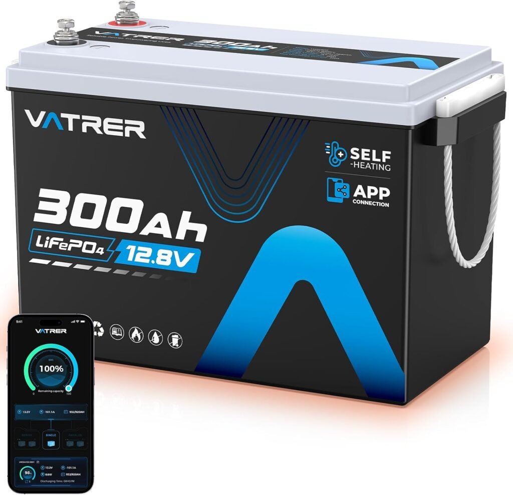 VATRER POWER 12V 300AH Lithium Battery with Self-Heating  APP Monitoring, Deep Cycle LiFePO4 Battery, Low/High Temp Cut Off, Built-in 200A BMS,Perfect for RV, Camping, Off-Grid Applications, etc.