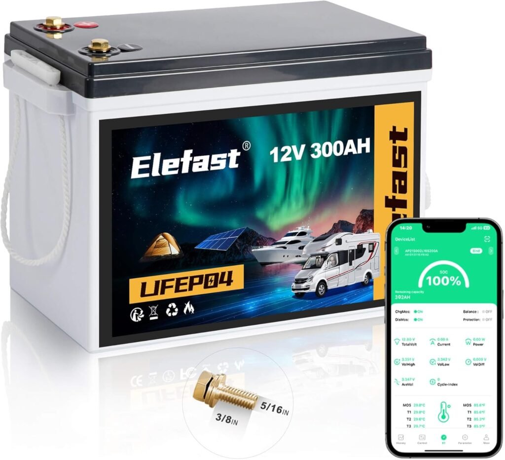 Elefast 12V 300AH Lifepo4 Battery,12V Lithium RV Battery Built-in 200A BMS and Bluetooth,Max 3840Wh,Up to Deep Cycle.Perfect for RV,Solar Energy,Off-Grid System Elefast 12V 300AH Lifepo4 Battery,12V Lithium RV Battery Built-in 200A BMS and Bluetooth,Max 3840Wh,Up to Deep Cycle.Perfect for RV,Solar Energy,Off-Grid System