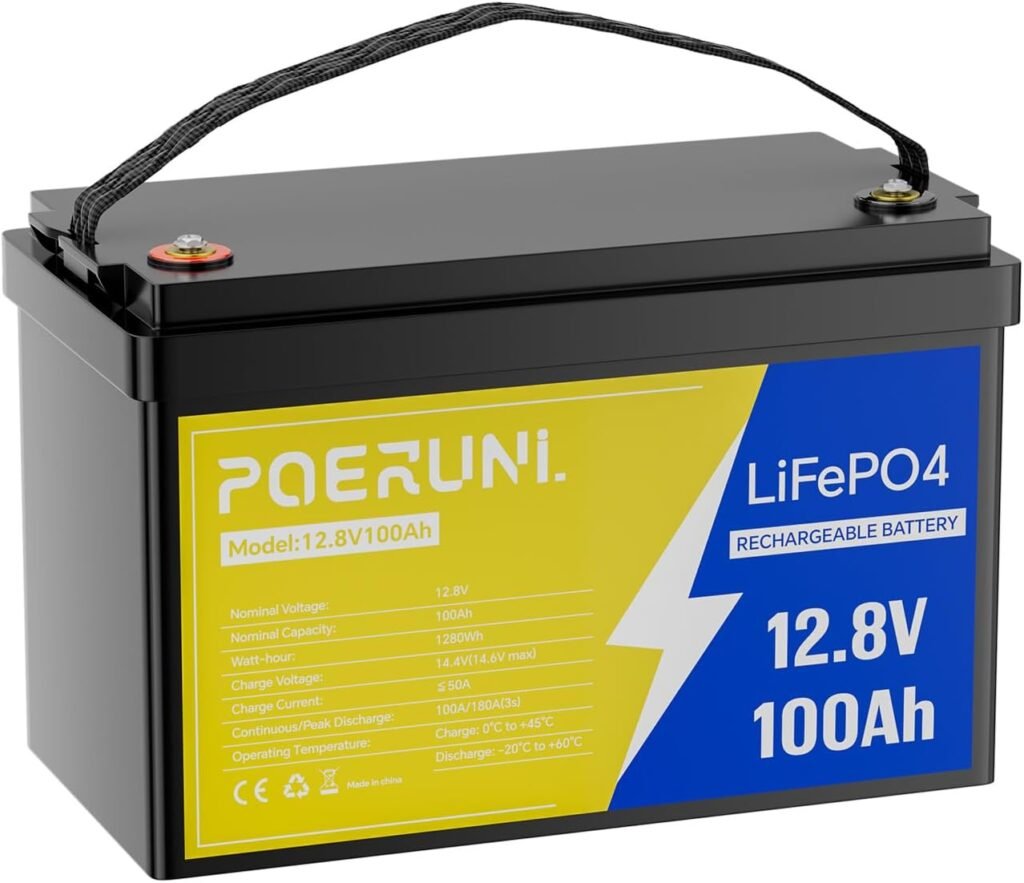 POERUNI.12.8V 200Ah LiFePO4 Battery, Lithium Iron Phosphate Deep Cycle Battery for RV, Solar, Marine, Trolling Motor, 2560Wh Power, 10+ Year Lifespan, Built-in BMS, Blister Packaging