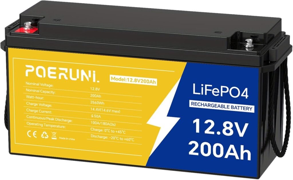 POERUNI.12.8V 200Ah LiFePO4 Battery, Lithium Iron Phosphate Deep Cycle Battery for RV, Solar, Marine, Trolling Motor, 2560Wh Power, 10+ Year Lifespan, Built-in BMS, Blister Packaging